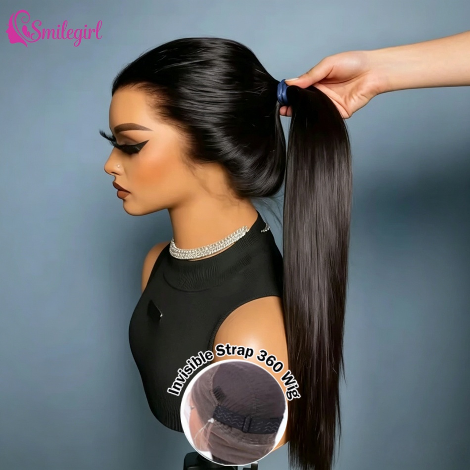 Perucas de Cabelo Humano Liso, Peruca Frontal 360 de Renda, Cabelo Humano com 250% de Densidade, Peruca Brasileira Virgem 360 HD Full Lace para Mulheres, 40 Polegadas, Pré-Alongada, Cabelo Preto Natural, Cordão Invisível