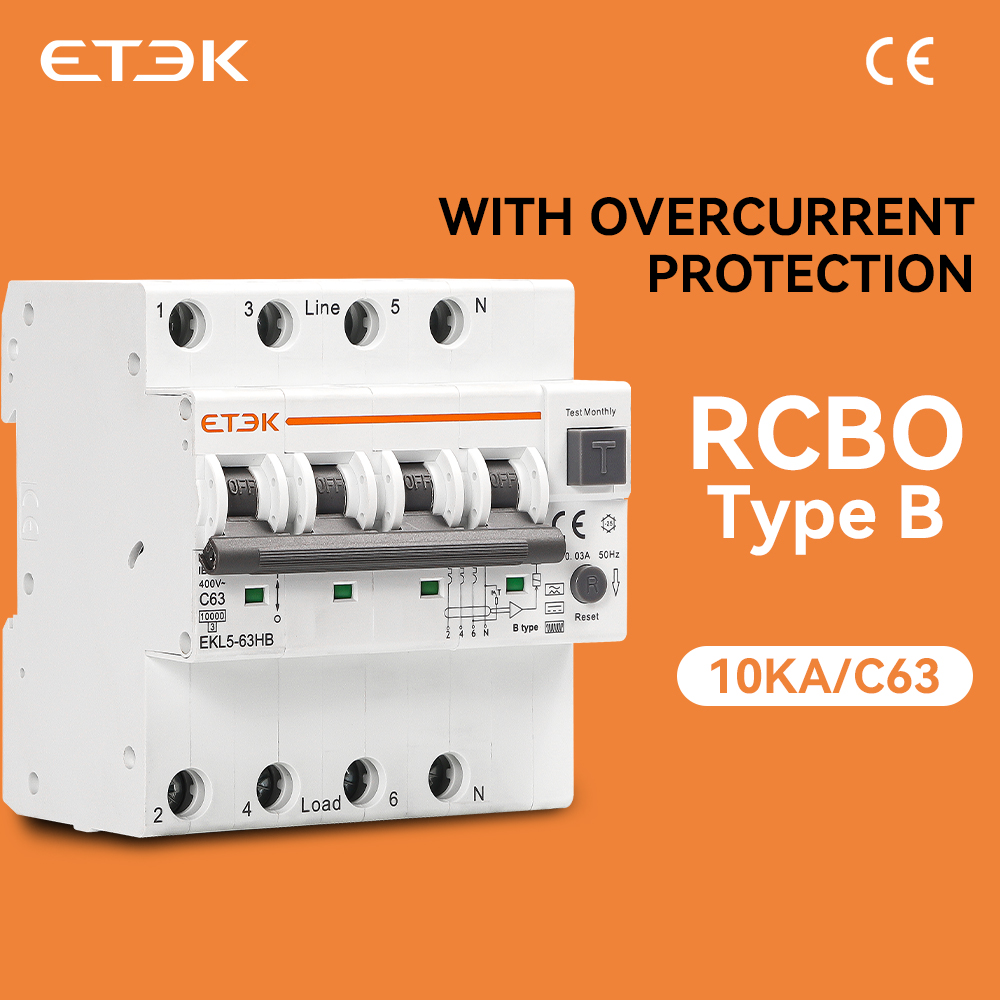 ETEC Type B RCBO Автоматический автоматический выключатель остатков 10KA 2p 4P 32a 40a 63a Защита от утечки по току 30 мА EKL5