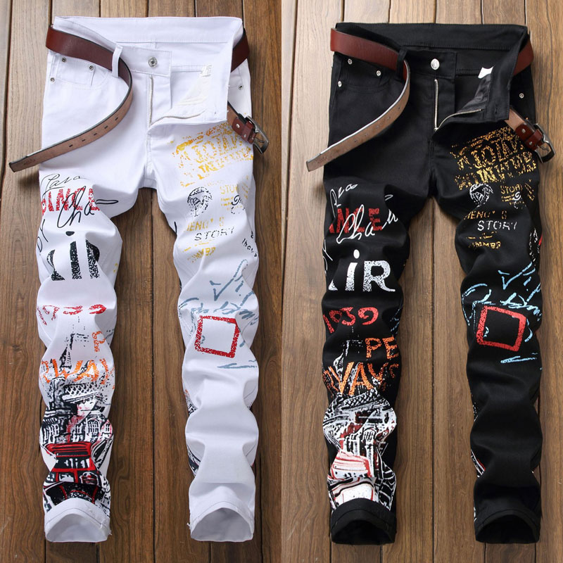 Cao Thời Trang Đường Phố Đầm Jeans Đêm Đen Trắng Màu Sắc Cá Nhân Thiết Kế In Hình Quần Jeans Nam Punk Quần Skinny Hip Hop quần Jean