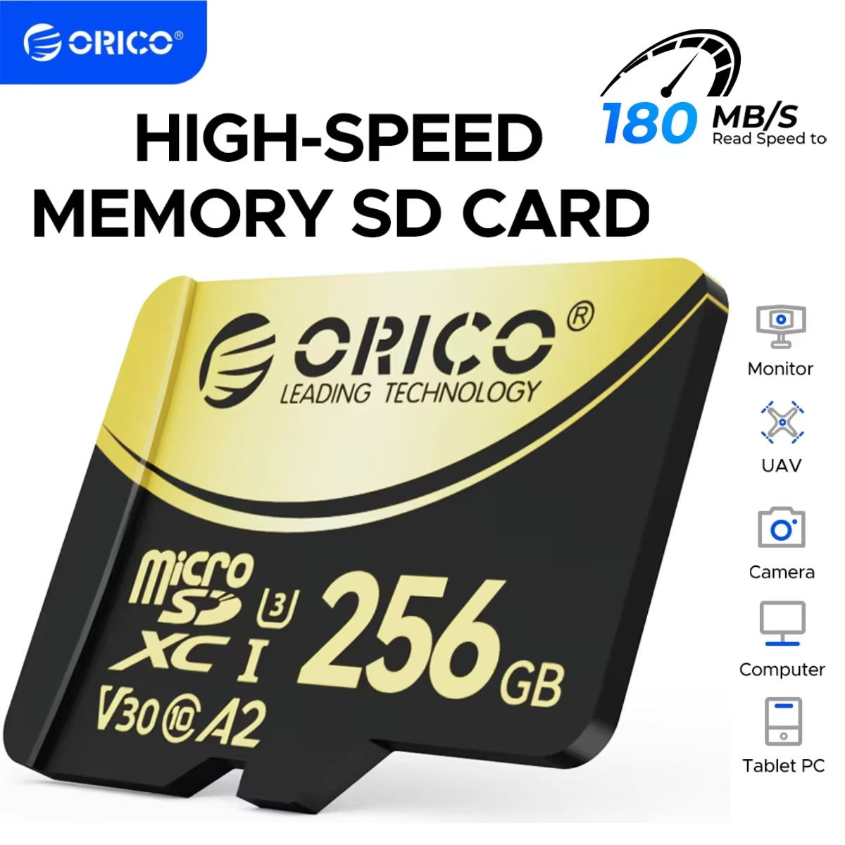 Карта памяти ORICO V3 256 ГБ microSDXC UHS-I, чтение 180 МБ/с, 160 МБ/с, запись 4K UHD, U3, класс10, V30, A2, Micro SD для дронов