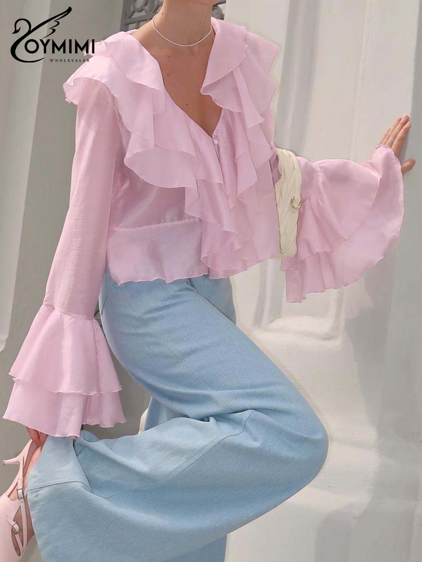 Oymimi élégant rose à volants femmes chemise mode col en v pétale manches solide Blouses décontracté nouveau bouton chemises femme Streetwear