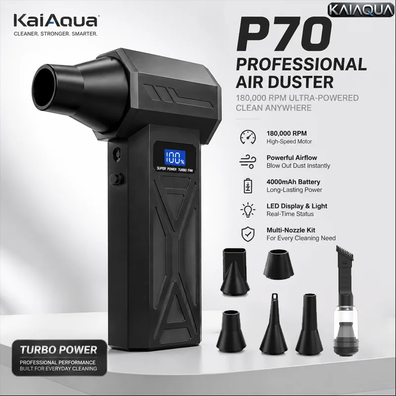 KaiAqua Turbo Air Duster 180000RPM Brushless Motor 4000mAh Battery LED Display 7 Nozzles Air Blower For Car PC Cleaning Turbo Fa