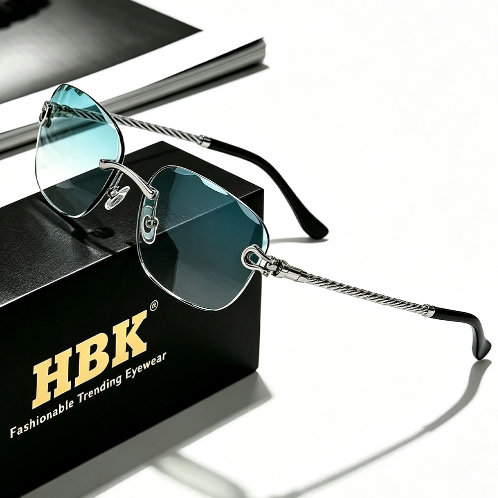 HBK – lunettes de soleil sans cadre pour hommes et femmes, Design Vintage, luxe, coupe ondulée, en métal, pour voyage, Shopping, UV400