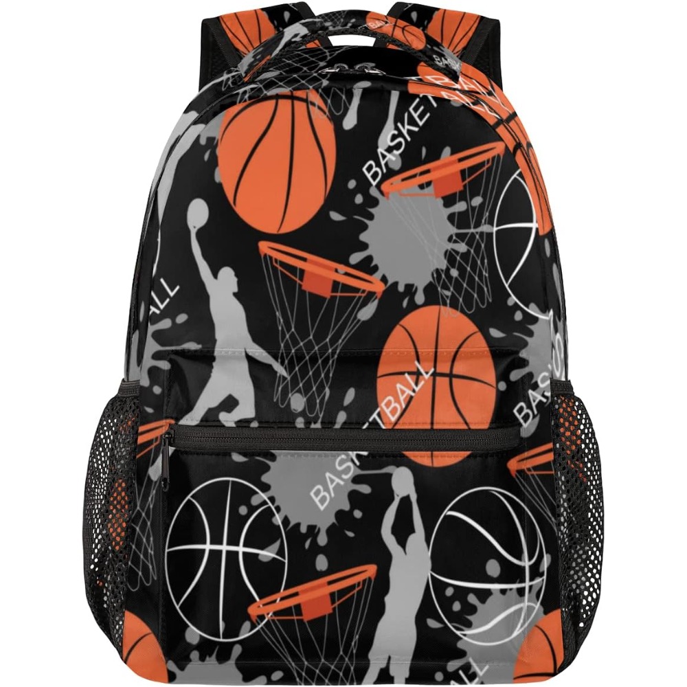 Black Basketball - Themed Double - shoulder Backpack with Orange & Grey Basketballs, Hoops, Shooting Silhouette
