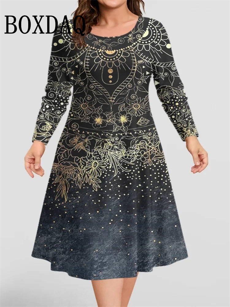 Vestido Vintage con estampado de flores en 3D, vestido holgado de talla grande a la moda de manga larga para otoño e invierno, vestido informal Retro con cuello redondo y corte en A
