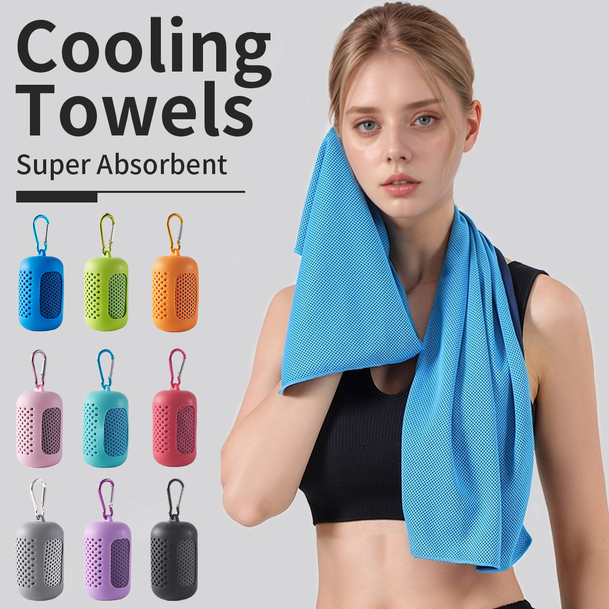 Toalha fria circular portátil envolta em silicone, toalha de resfriamento, secagem rápida, fibra de poliéster, acessórios de praia, esporte, fitness