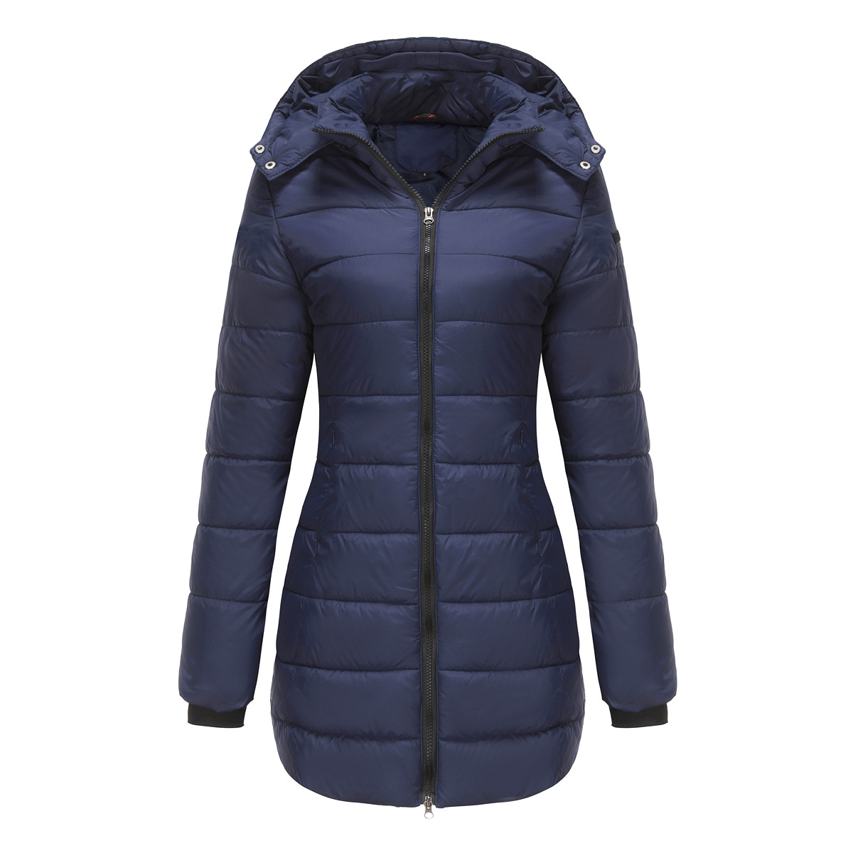 2024 Damen-Baumwoll-gepolsterte Jacke, wasserdicht, mittellang, mit Reißverschluss, Kapuze, warmer Mantel, Outdoor-Mantel