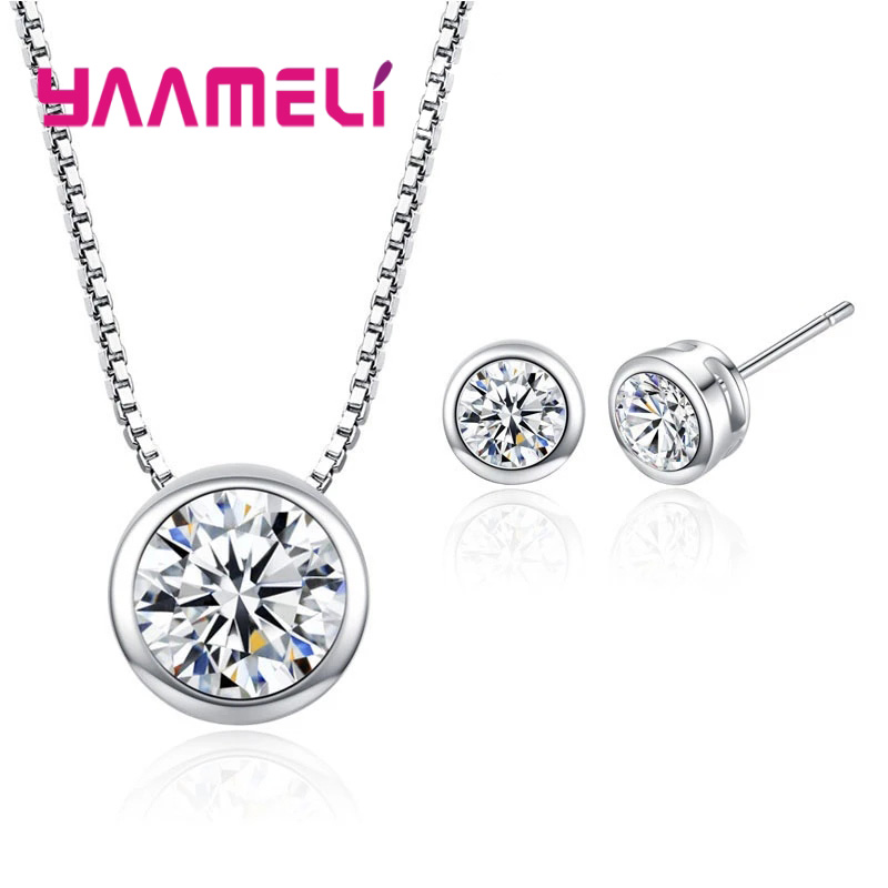 Conjuntos de joyas de moda para mujer, collar con colgante redondo de cristal CZ, pendientes de botón, fiesta de boda, 25 plata esterlina, nuevo