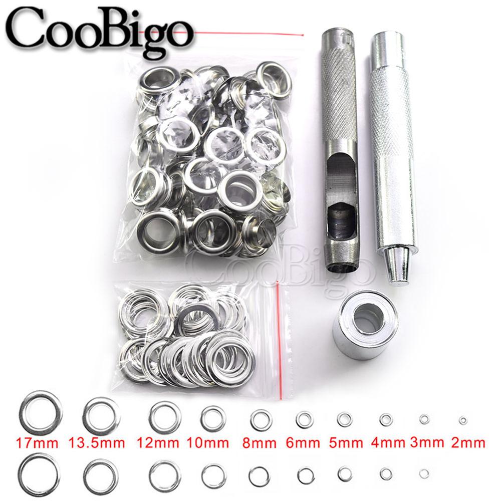 100 set di metallo occhiello passacavo punzone set di strumenti di installazione per cintura vestiti tende di tela scarpe tenda 2mm 3mm 4mm 5mm 10mm 12mm 17mm