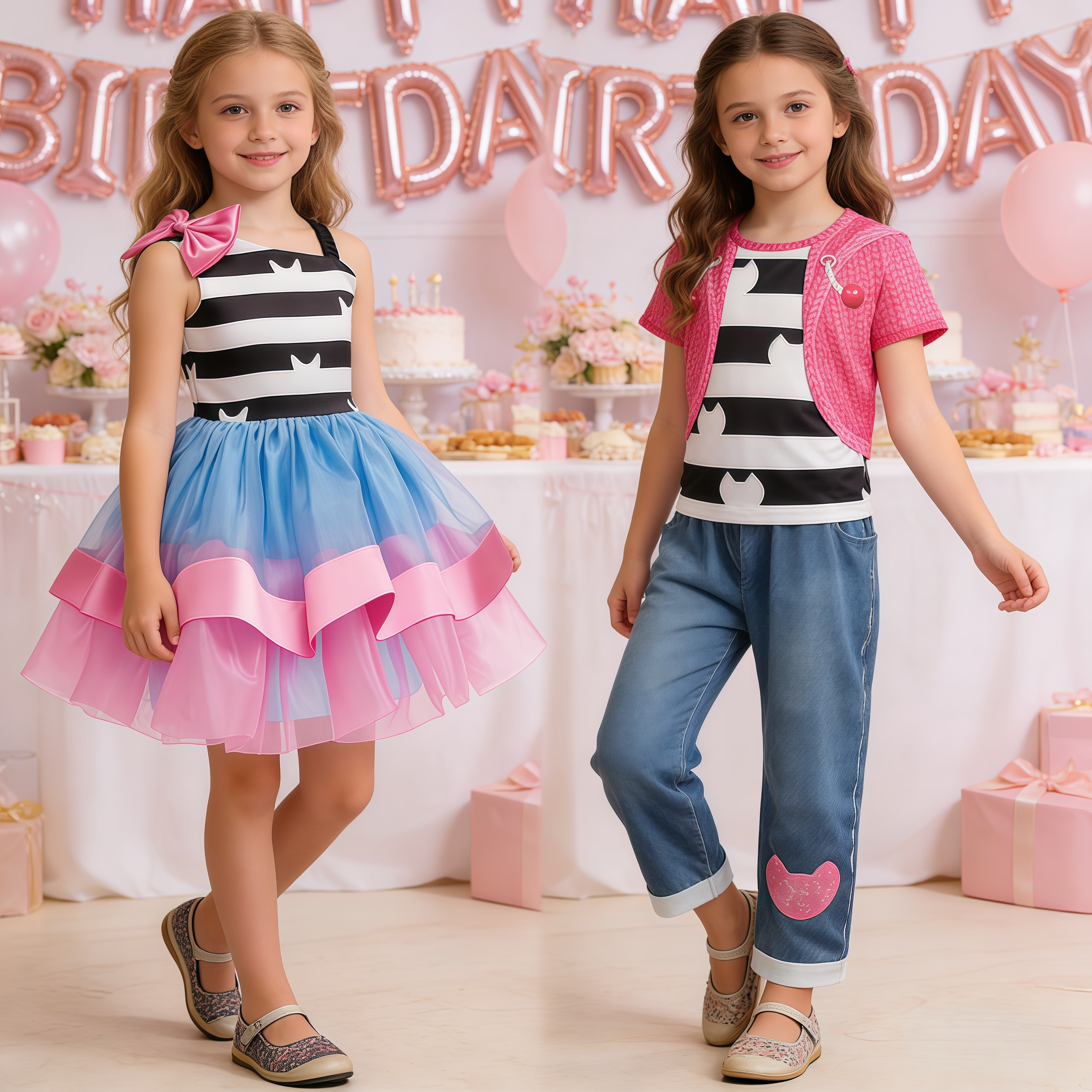 Fantasia de verão para meninas, fantasia de desenho animado, gatos, estampa listrada, tops, calças para crianças, dia das bruxas, festa de aniversário, carnaval, roupas de fantasia