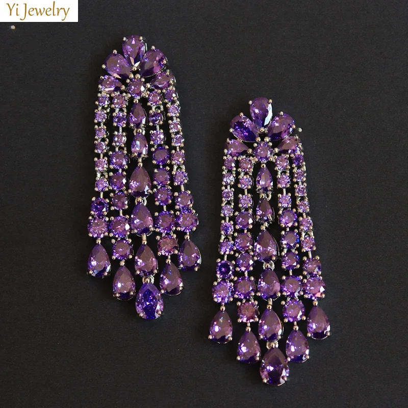 Designer ต่างหูผู้หญิงเครื่องประดับ Cubic Zirconia Water DROP Hoop Dangle ต่างหูสําหรับเครื่องประดับ PARTY PARTY ของขวัญสีม่วง