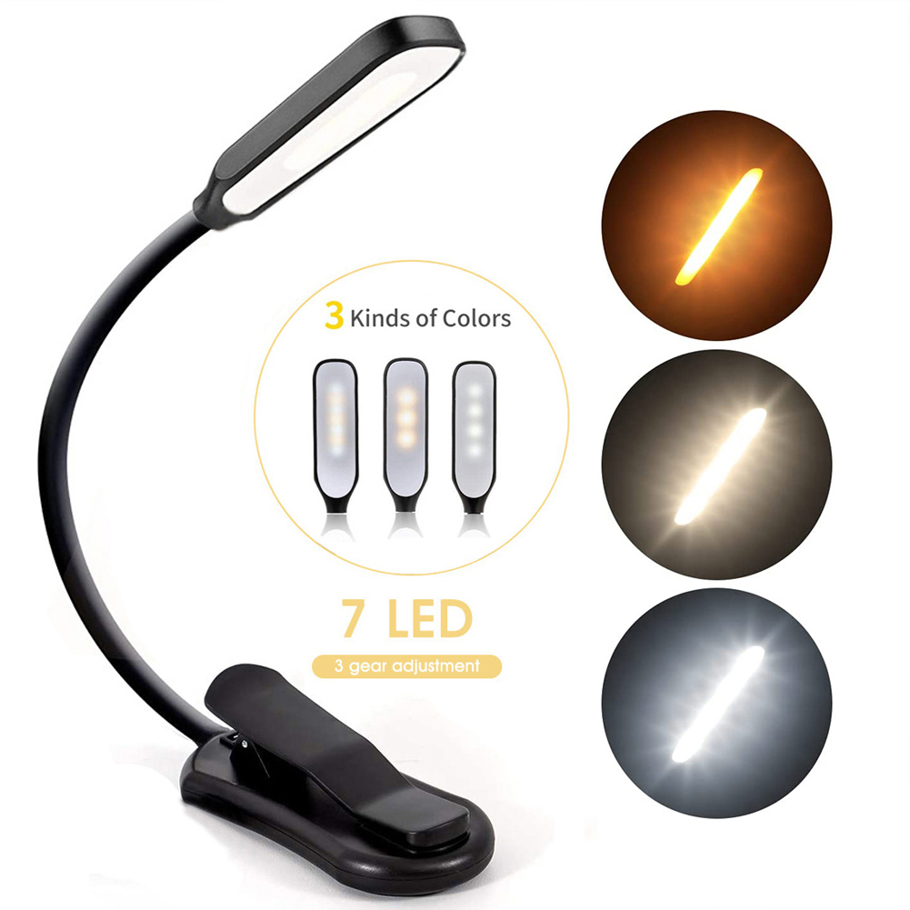 Luz de libro Mini 7 LED Luz de lectura Recargable 3 niveles Blanco frío cálido Lámpara de clip fácil y flexible Lámpara de lectura nocturna en la cama