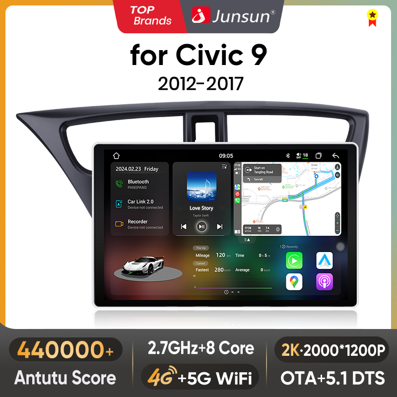 วิทยุติดรถยนต์ Junsun 7870 2K รองรับ Wireless CarPlay และ Android Auto สำหรับรถยนต์ Honda Civic 9 FK FB ปี 2012 2013-2017 พร้อมระบบนำทาง GPS 4G เครื่องเล่น DSP DTS 360