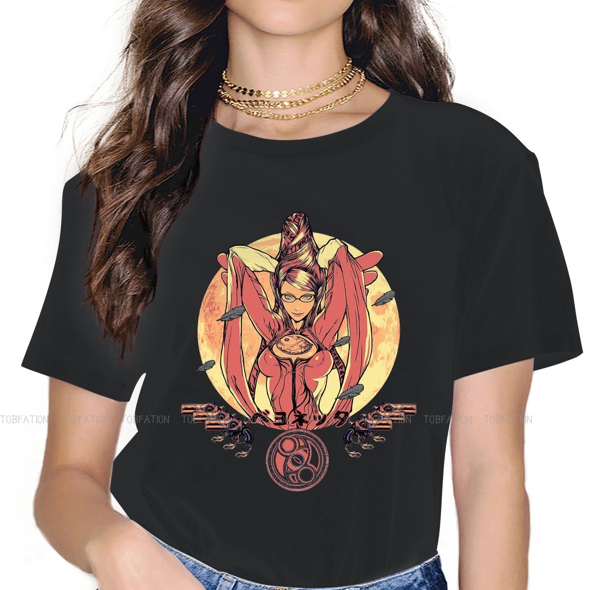 Camiseta con cuello redondo de Color C para mujer, camiseta Original de tela Bayonetta, gran oferta
