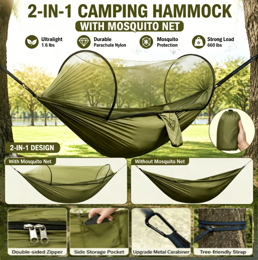 2-in-1 campinghangmat met klamboe 1,6 lbs ultralicht parachute nylon hangbed voor outdoor survival reizen achtertuin