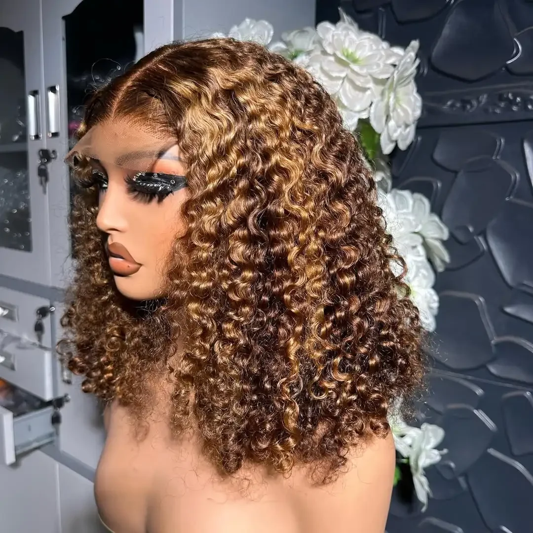 4/27 Highlight Water Wave 13x4 Transparent Lace Frontal Human Hair Wig Ombre Blonde Piano Colored Short Curly Wigs 200% Bob Wig