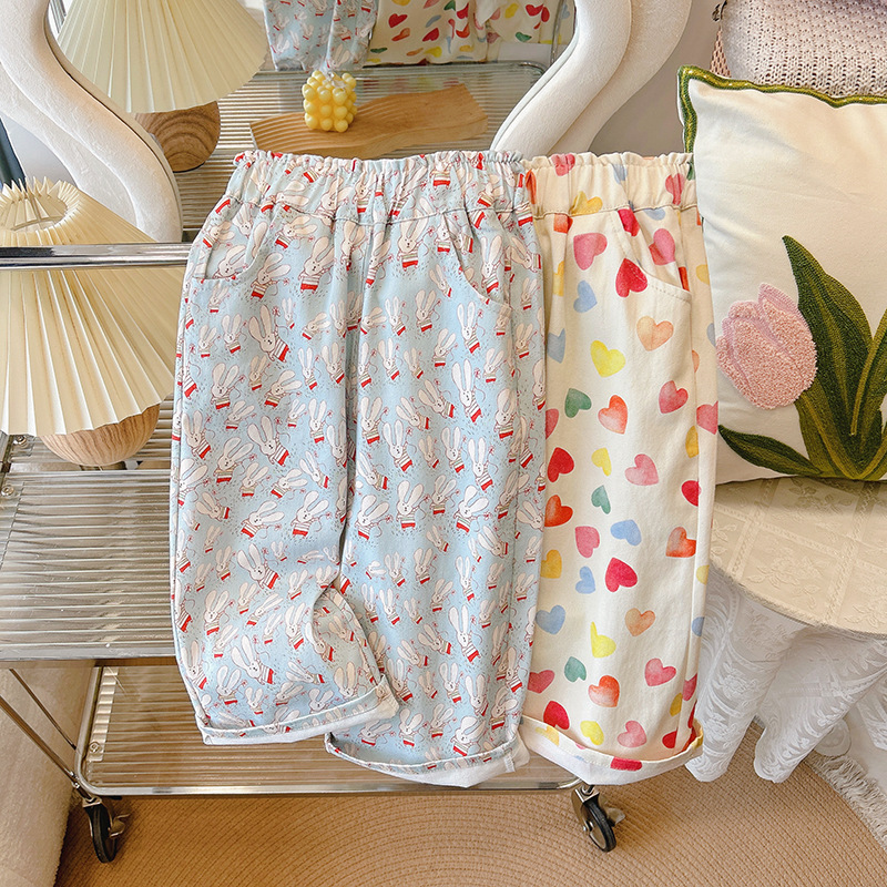 2025 nueva primavera pantalones rectos para niños niñas lindo corazón de dibujos animados pantalones casuales niños pantalones sueltos de algodón prendas de vestir ropa