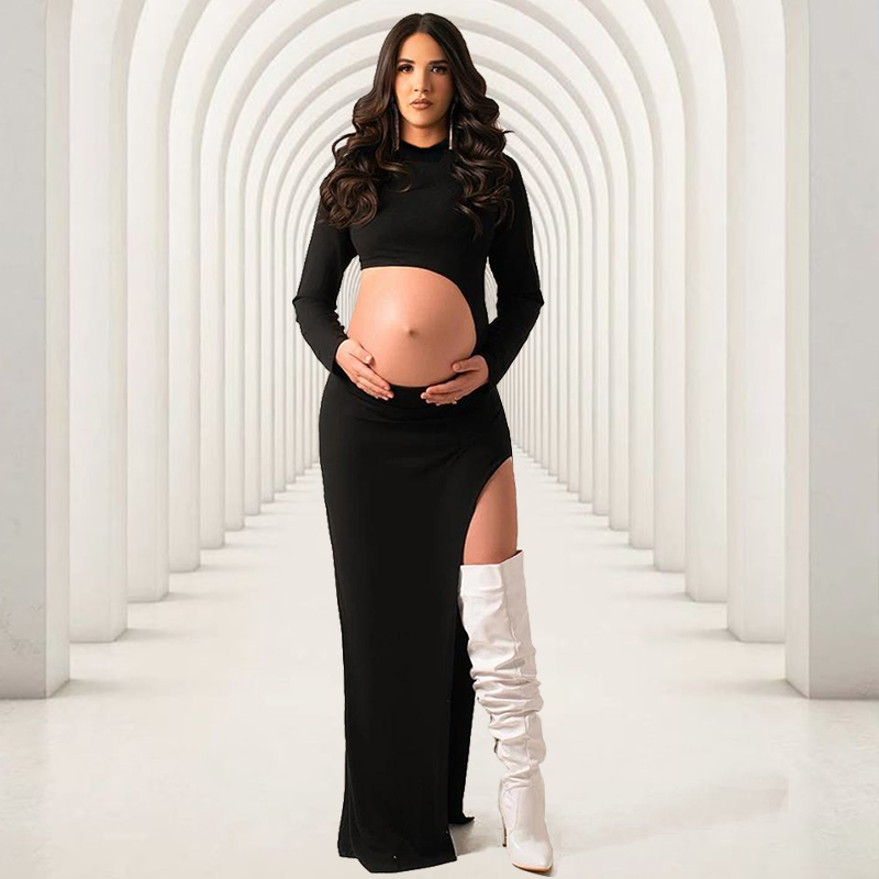 Maternity Photography Dresses Long Sleeve Mock Neck Side Split Showing Belly Pregnant Sexy Gown For Photoshoot Baby Shower