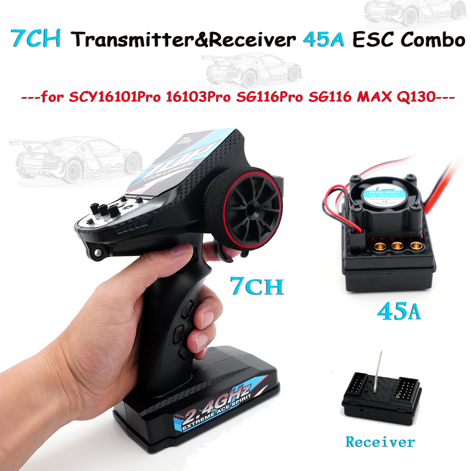 RC 7CH 2.4GHz Trasmettitore e ricevitore 45A ESC 2847 Motore Combo Set 3S per RC Auto SCY16101Pro 16103Pro SG116Pro SG116 MAX Q130