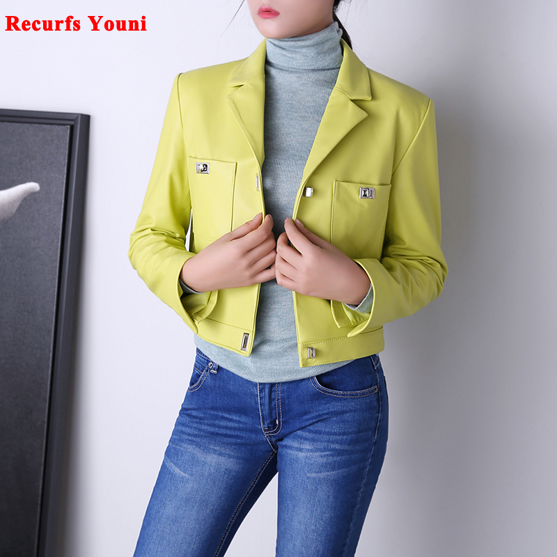 Roupas femininas inverno feminino casaco de couro genuíno coreano moda casual manga longa fivela de bloqueio metal versátil rosa curto jaqueta