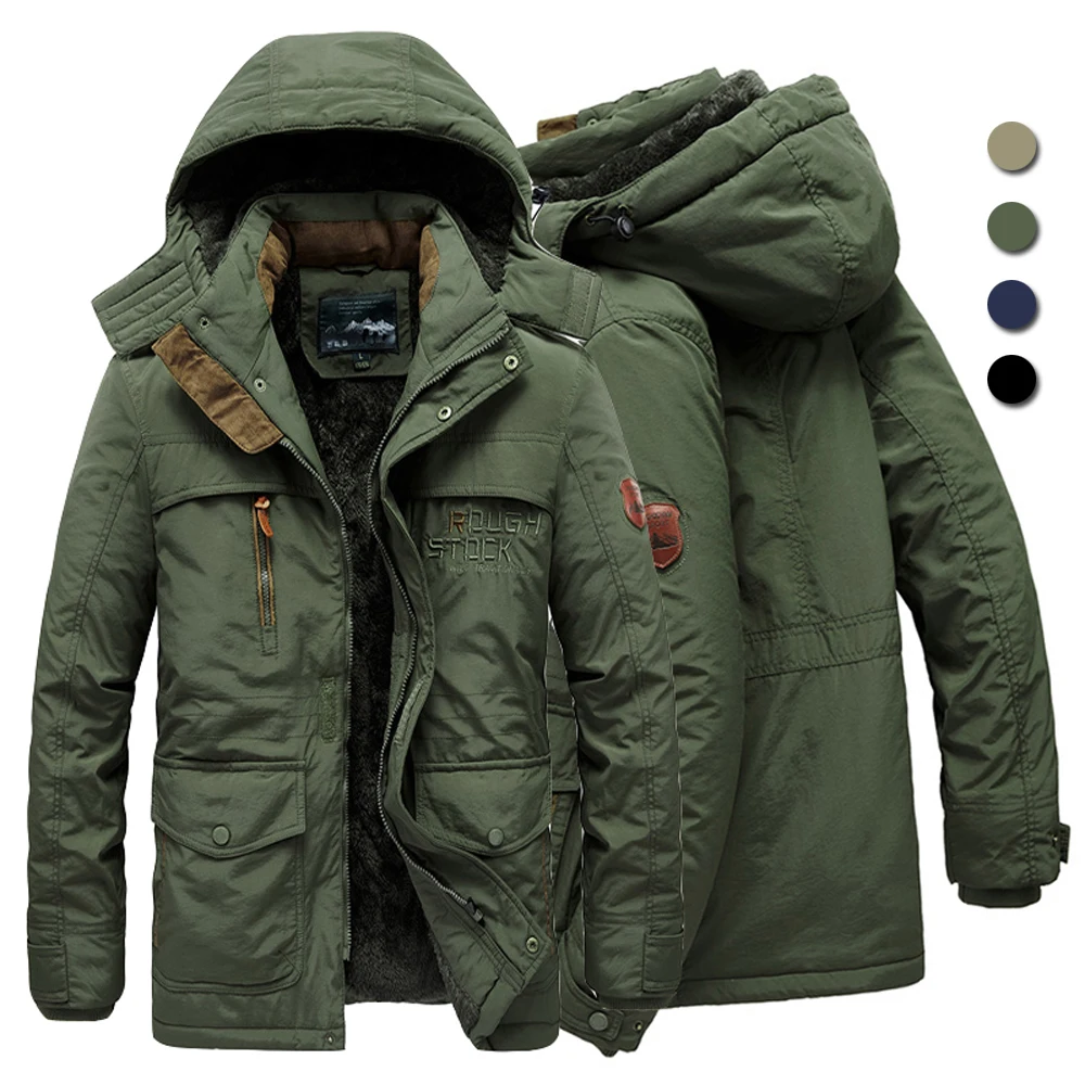 Jaqueta de inverno masculina forro de lã ao ar livre parka casaco com capuz blusão grosso quente outerwear tamanho grande 6xl multi-bolso