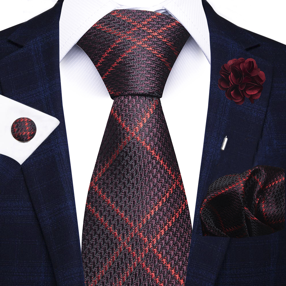 Regalo di festa di marca 8 cm Cravatta Fazzoletto Gemello Set di spille per uomo Cravatta a righe Accessori per abiti rossi Gravatas da sposa