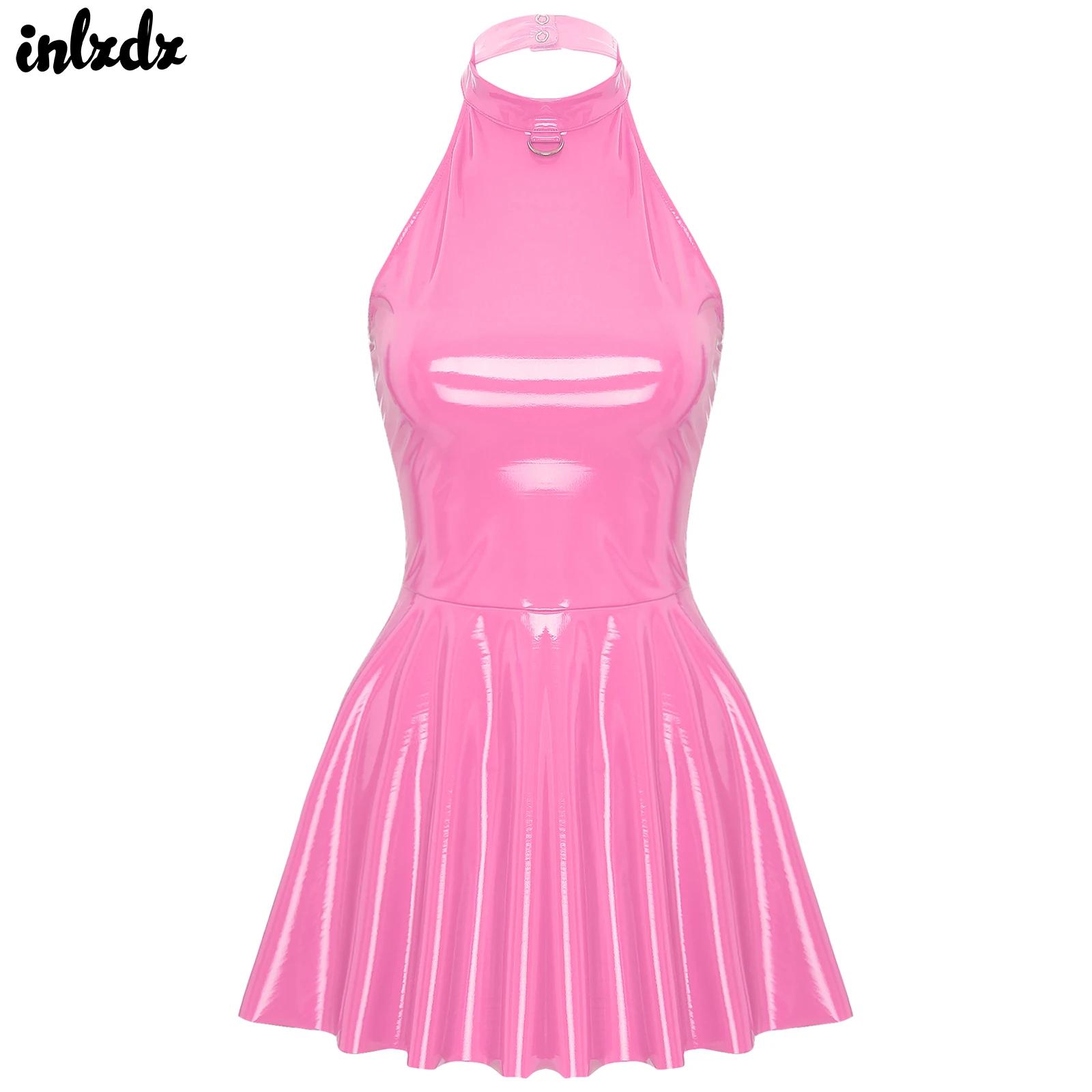 Jupe trapèze en Latex pour femmes, robe Disco brillante, joint torique, look mouillé, col licou, Mini robes moulantes en cuir verni, Sexy, Rave Clubwear