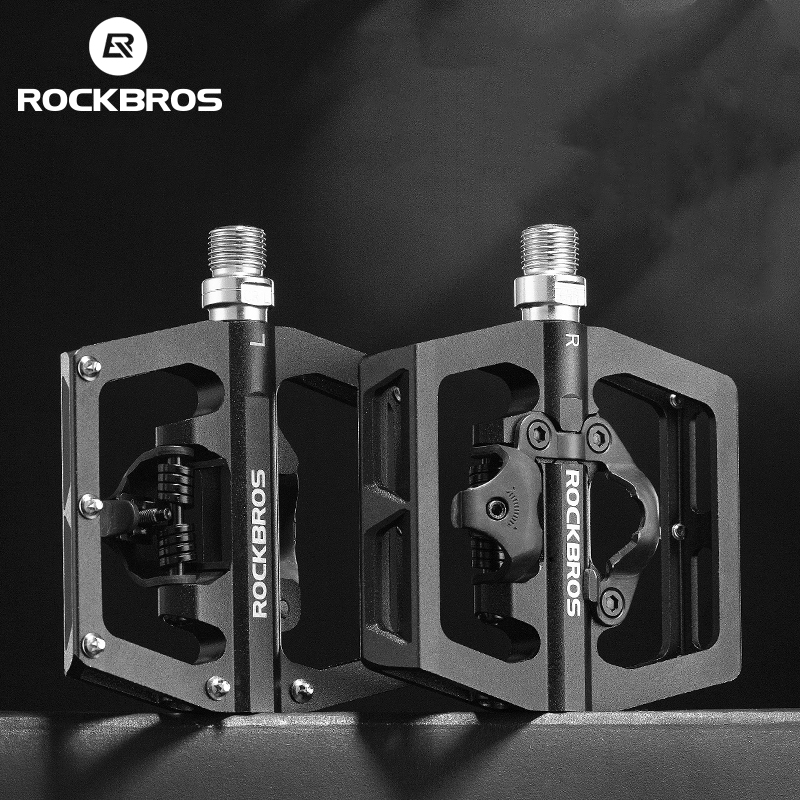 ROCKBROS Pedal Sepeda MTB Antiselip Pedal Sepeda Aluminium Aloi Platform Datar Berlaku SPD Pedal Setengah Kunci Aksesoris Bersepeda