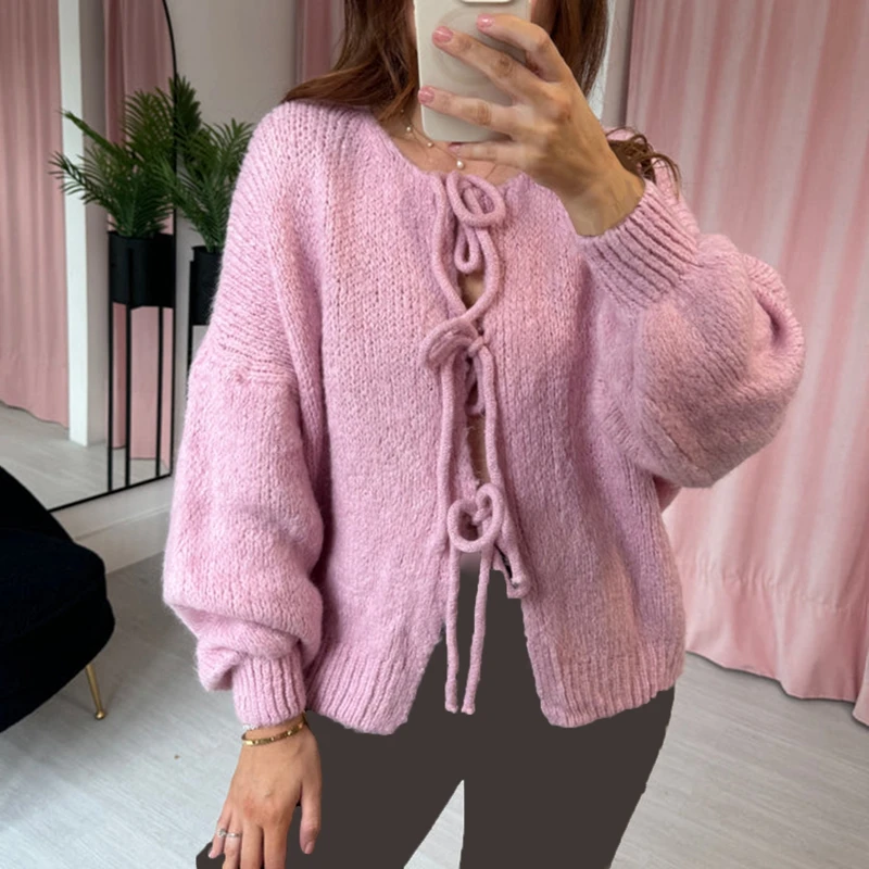 Elegante Damenmode Strickpullover Y2K Pullover Vintage Schleife Krawatte vorne Strickjacken Herbst V-Ausschnitt Langarm Lose Strickwaren