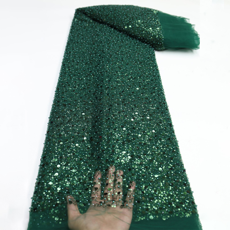 Tela africana de encaje verde con cuentas pesadas para mujer, vestido de novia nigeriano, tul de perlas francesas de alta calidad, 5 yardas, 2022