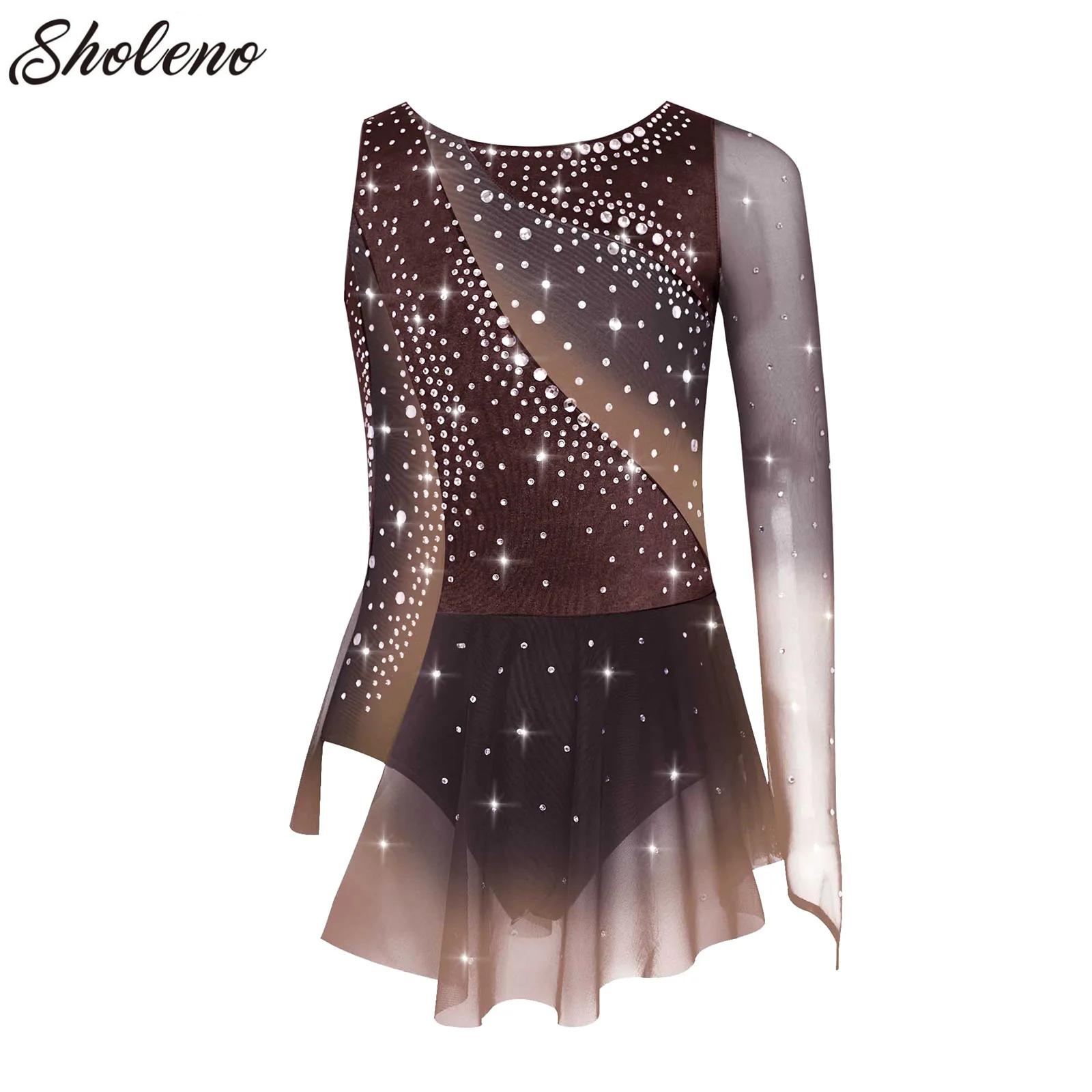 Rhythmic Gymnastics Skirted Leotards for Kids Girls Sleeveless Rhinestone Sheer Figure Skating Ballet Dance Dress Competition