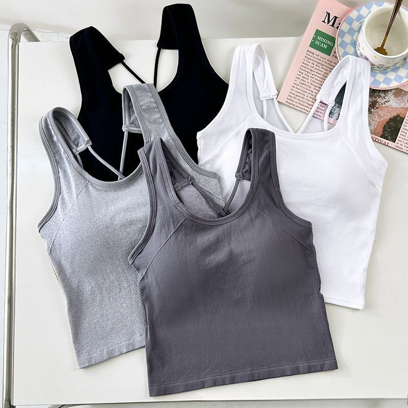 Débardeur solide pour femmes, gilet court à bretelles croisées, débardeur de sport avec soutien-gorge intégré, une pièce, sans manches, Slim, à la mode