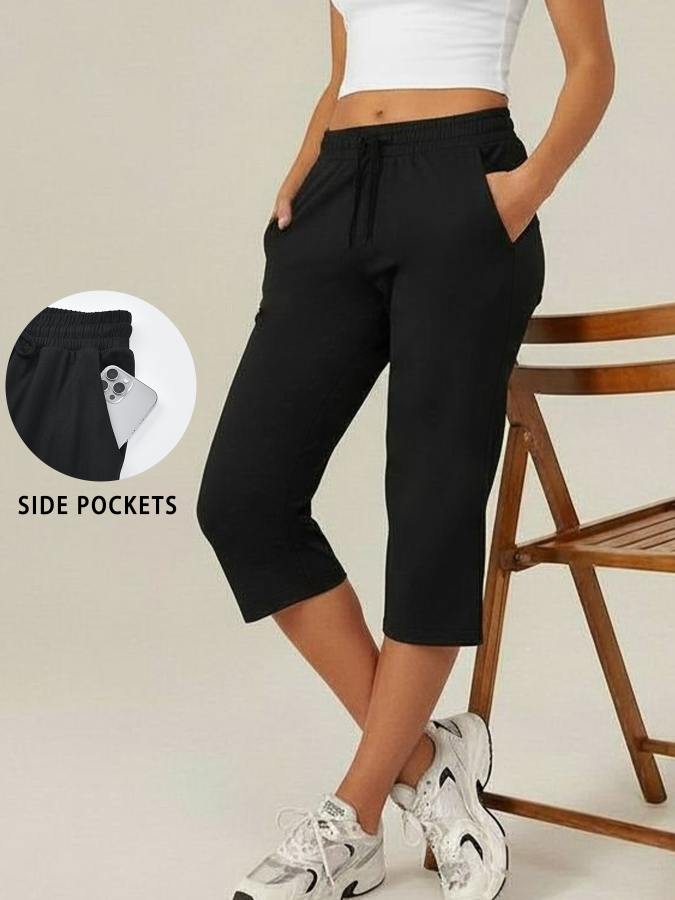 Damen Capri Yoga-Hose, locker geschnitten, weich, mit Kordelzug, Trainingshose, lässige Loungehose mit Taschen