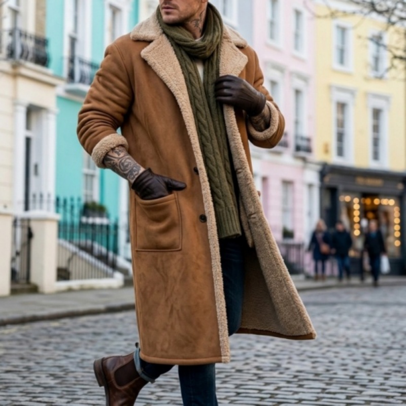 2026 Winter Langer Mantel: Neuer Streetwear-Freizeitmantel aus Fleece, Übergröße, Herren Winddichte Wildlederjacke