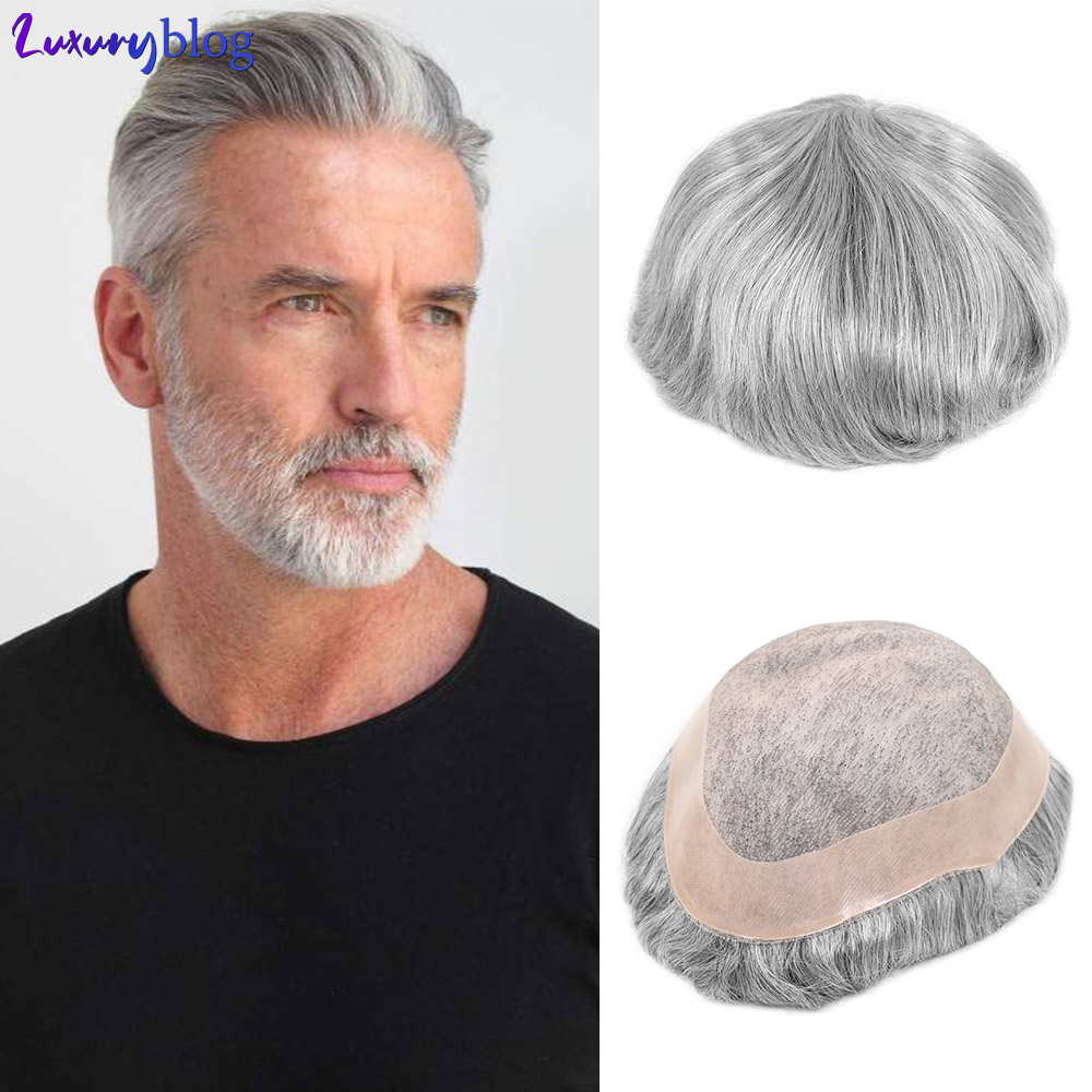Peluquín de cabello humano para hombres, prótesis de cabello gris, Mono encaje transpirable, sistema de reemplazo de peluca para hombres, postizo # 1B80