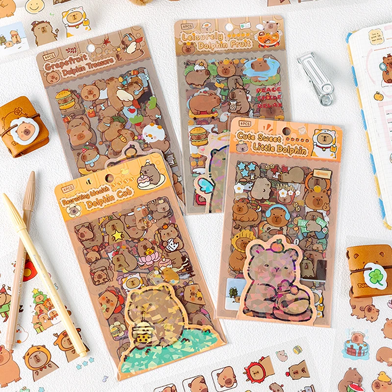 Autocollants mignons de dessin animé Capybara, étiquette transparente, imperméable, fournitures scolaires, décoration de journal intime, 6 feuilles/paquet