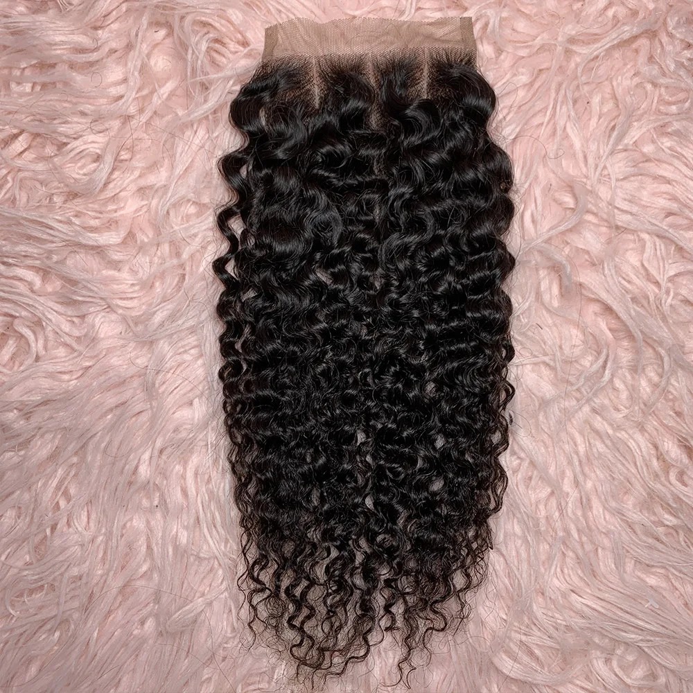4x4 ปิดด้านหน้าลูกไม้ 100% มือผูกลูกไม้ปิดธรรมชาติ Remy Pixie Curl Human Hair ปิดลูกไม้โปร่งใสเพียงสามส่วน