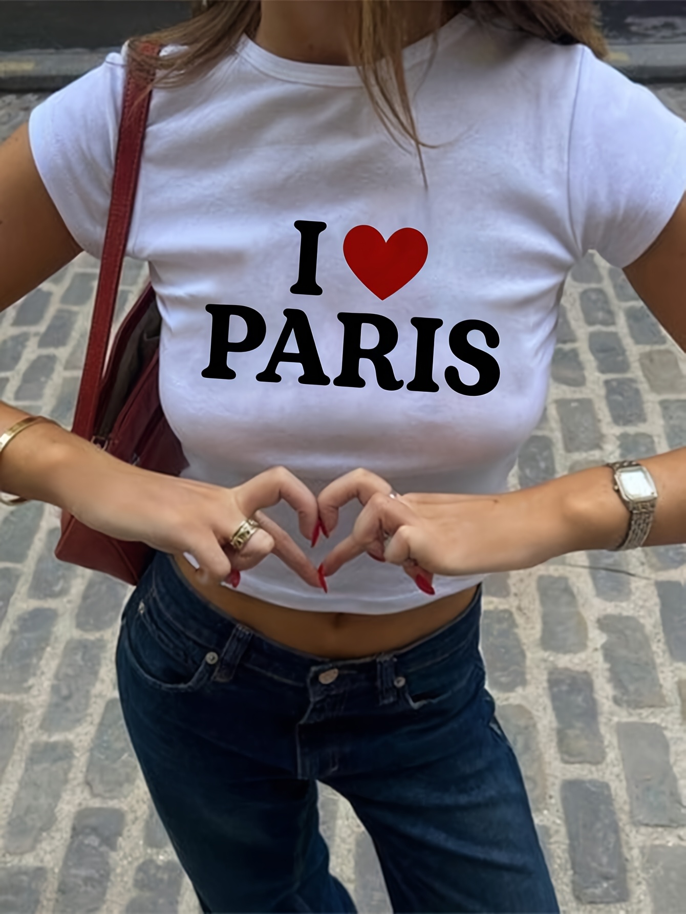 Damska biała koszulka crop top z krótkim rękawem z napisem \\\\\\\"I Love Paris\\\\\\\", styl Harajuku, odzież codzienna, topy uliczne, estetyczne ubrania.