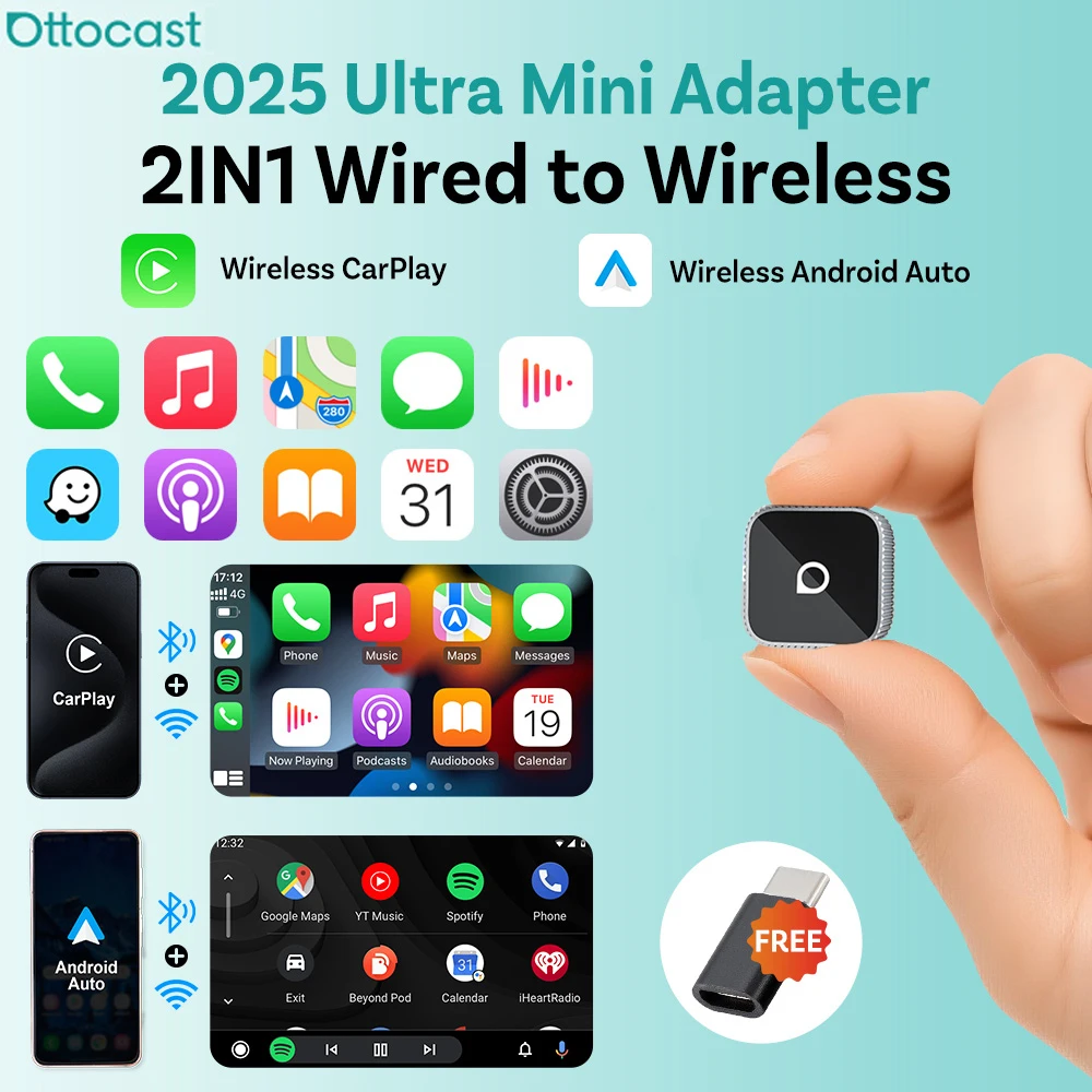 Беспроводной адаптер Ottocast Ultra Mini для CarPlay и Android Auto, USB-донгл, подключение Plug & Play, Bluetooth 5.8, автоматическое подключение по Wi-Fi для 98% автомобилей