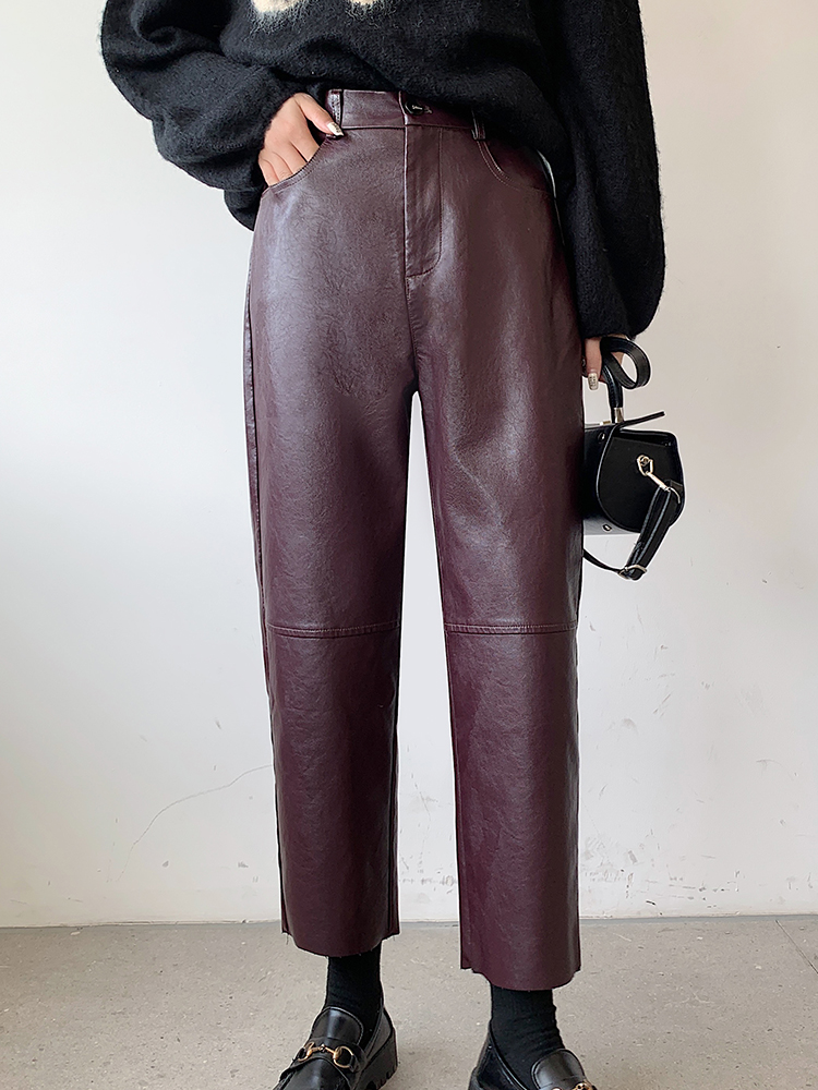 Qoerlin outono inverno calças de couro do plutônio das mulheres elegantes bolsos de cintura alta falso couro harem pant feminino volta cintura elástica