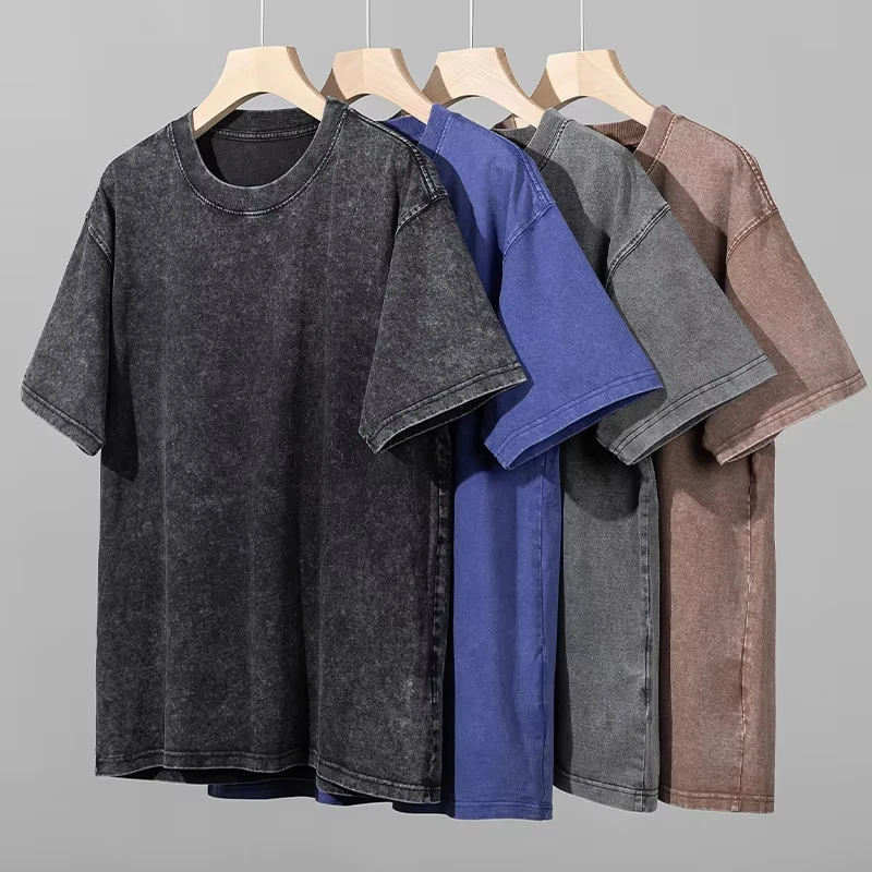 Camiseta Unissex de Manga Curta Estilo Americano Retrô, Cor Sólida, Tecido Pesado, Efeito Lavado e Desgastado, Oversized, Tendência Urbana de Verão