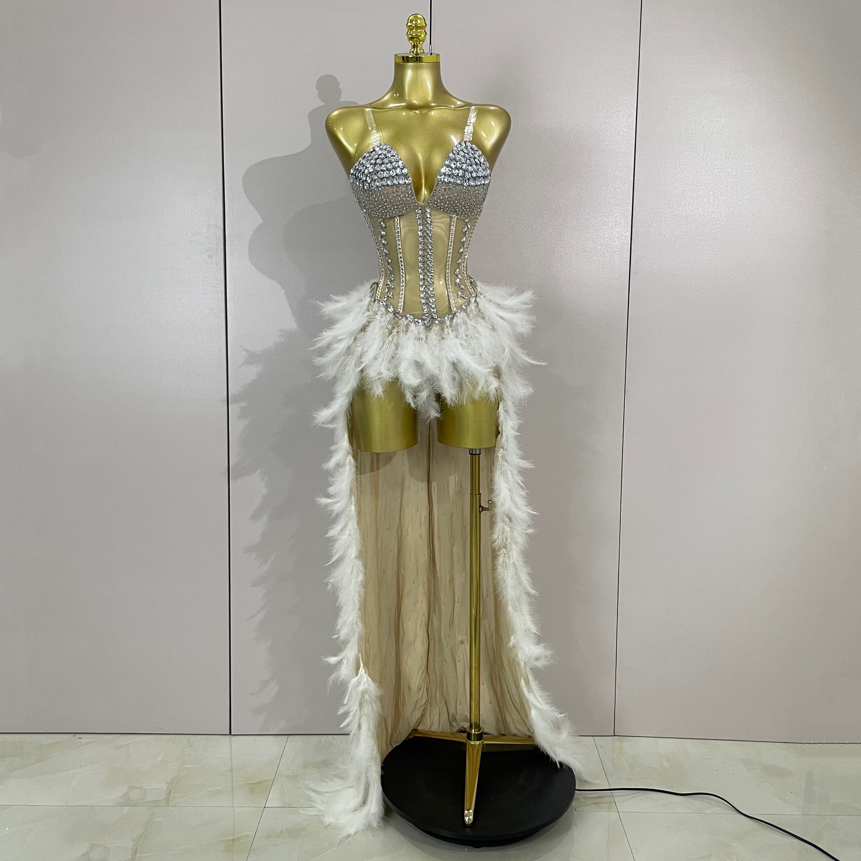 Sparkly Strass Federn Lange Schwanz Bodys Sexy Mesh Transparent Bühne Kleid Abend Party Feiern Luxus Geburtstag Kleid