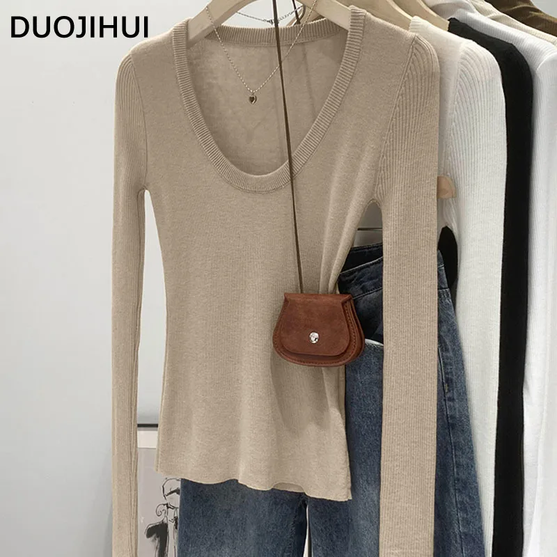 DUOJIHUI-camisetas de punto ajustadas con cuello elegante para mujer, blusas básicas de Color sólido para mujer, moda informal Simple para oficina, nuevas