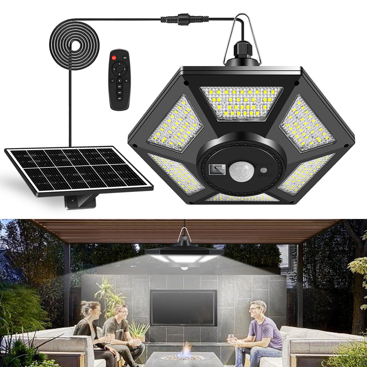 Lampe Solaire Suspendue avec Télécommande, Éclairage d'Intérieur et d'Extérieur à 180LED et 5 Modes d'Éclairage, Accessoire avec Détecteur de Mouvement, idéal pour un Garage, un Patio ou une Grange