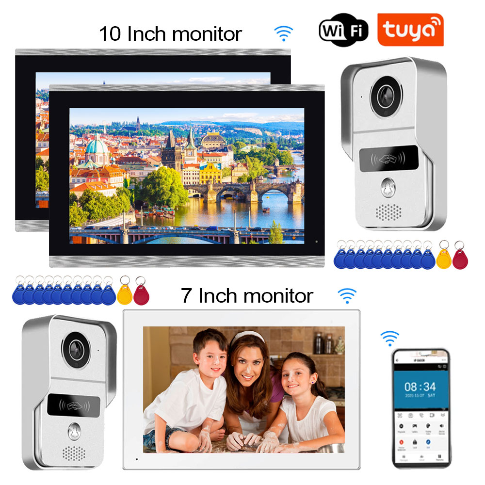 Sistema de timbre de vídeo con Wifi TUYA, 7 pulgadas, 1080P, puerta, RFID, cámara de desbloqueo, pantalla táctil de 10 pulgadas, videoportero, Control de acceso