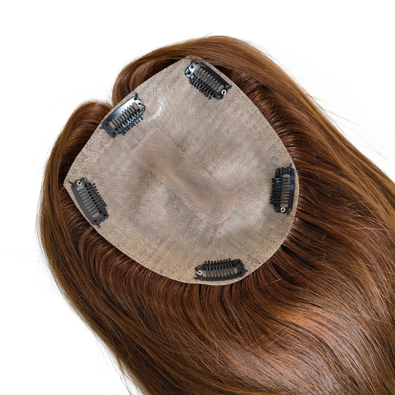 Venta al por mayor de fábrica, adorno de cabello humano europeo, Base de seda, 15x16cm, peluquín marrón medio, piezas de cabello para mujeres, cabello adelgazante