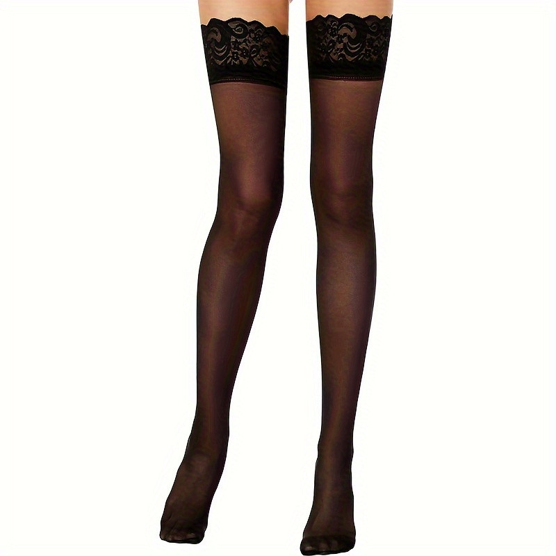 Women's Black Lace Thigh High Stockings, Sheer Over Knee Hosiery with Wide Elastic Top for Dresses, Party and Daily Wear