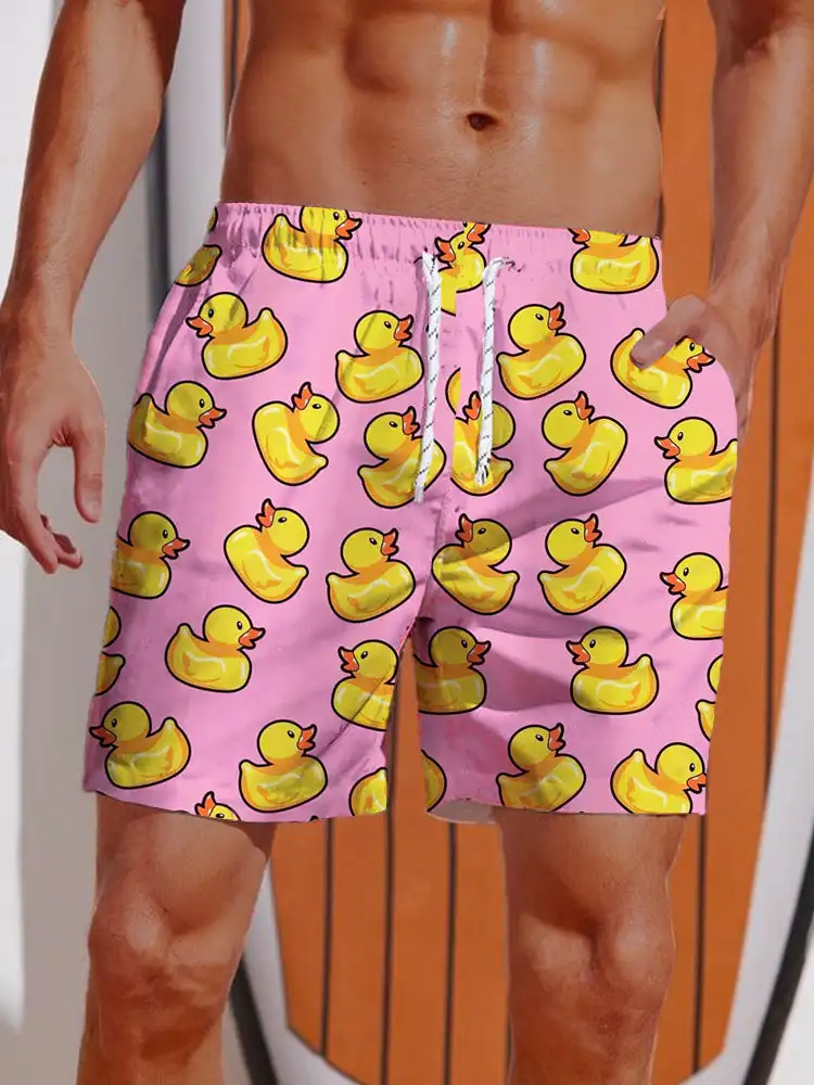 Neue Herren-Shorts mit Hawaii-Enten-Print, Gelbe Ente, Sommer-Badeshorts mit Elastischem Bund, 3D-Druck, Atmungsaktive Kurze Hosen