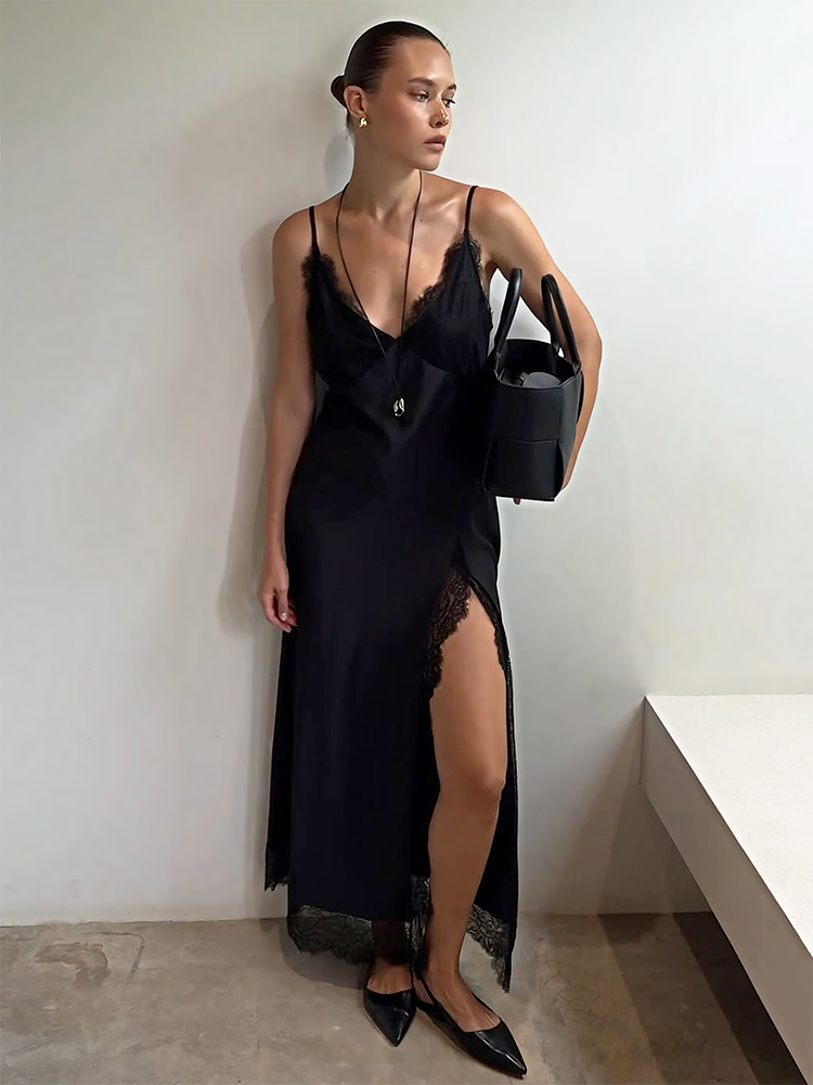 Tossy Black Lace Printed Long Dress For Women V-Neck Backless Slim Patchwork Spaghetti Party Dress Female Summer Bodycon Dress