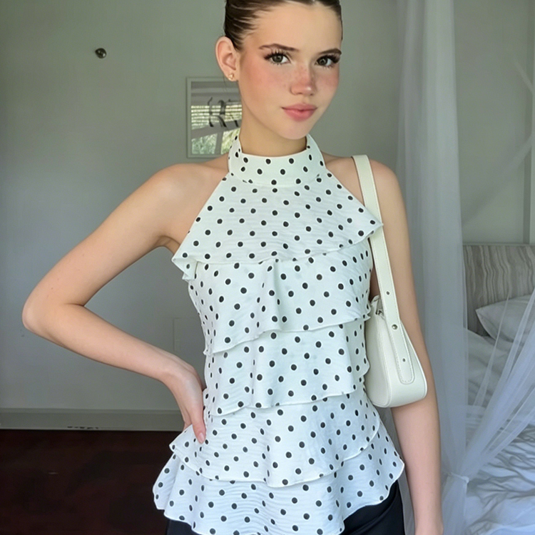 Atasan Ruffle Berlapis Halter Motif Polkadot Wanita Blus Punggung Terbuka Tanpa Lengan Dengan Ikat Pita di Belakang Kaos Santai Liburan Kantor Wanita